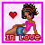 Pixel art of a woman in a pink top and blue shorts with a red heart, text "IN LOVE" below, pink border.