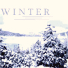 A static winter landscape icon with snow-covered trees, a frozen body of water, and the word 'WINTER' in large blue letters at the top.