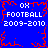 Blue background with red pixelated border, white text repeating 'OX FOOTBALL 2009-2010' in four quadrants. Red starburst pattern at center.