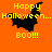 Animated orange background with yellow text 'Happy Halloween... BOO!!!' and a black bat silhouette changing position across frames.