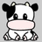 Pixelated cow icon with black and white patches, pink nose, small horns, sitting pose on gray background.