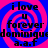 Pixelated text on a blue and pink spiral background with four identical showing 'i love u forever dominique a.a.f' in black font
