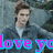 Pixelated image of a person with brown hair wearing dark clothing and white collar, overlaid with pink and cyan text reading "love yo".