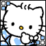 Pixelated cartoon cat with white face, black eyes, yellow-orange pupils, and blue accents on clothing; show different square arrangements in corners