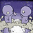 Two purple cartoon figures with large round heads stand on a textured ground under a dark blue sky, holding hands with a small pink flower between them.