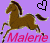 Pixelated brown horse in mid-gallop on purple background with pink text 'Malene' and heart symbol changing from black outline to solid pink.