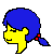 Pixelated yellow character with blue pigtails tied with red bands, closed eyes, and a slight smile, shown in two side-by-side frames with minor head position differences.