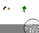 Yellow circular face with crosshairs, green tree icon to the right, and small red/yellow elements above; multiple expressions including neutral, smiling, crying, and angry.