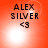 Red background with black text 'ALEX SILVER' and '<3', white light effects shifting position across four