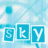 Animated sequence of blue and gray 'SKY' letter with changing background text, set against a light blue pattern