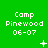 Green background with repeated white text "Camp Pinewood 06-07" and changing white symbols below each text block.