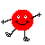 Red circular character with white eyes and black smile, gray limbs in three distinct poses against white background.