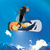 Animated snowboarder performing a trick against blue sky with white clouds, accompanied by 'I ❤️' and 'snow-boarding' text elements.