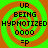 Four identical display a green and orange spiral background with black text reading UR, BEING, HYPNOTIZED, 0000, =p