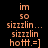 Pixelated text 'im so sizzlin... sizzlin hott.=]' displayed across four color backgrounds in a