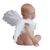 Pixelated image of a baby with light brown skin wearing a white outfit and large gray wings, seated with legs bent and arms resting on knees.