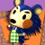 Pixelated character with blue hair, beige face, black eyes, and brown nose wearing green checkered apron over blue shirt against orange and purple background