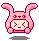 Pixelated pink bunny-hooded figure with red eyes, alternating between X-shaped and closed eyes while holding hands near face.
