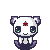 Four 50x50 pixel animated frames of a cartoon panda-like character with purple ears and feet, red forehead mark, green eyes, and white teeth on gray background.