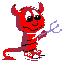 Red devil character with horns, tail, and striped body holding blue scissors on white checkered shoes against gray background.
