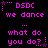 Pixelated text in bright pink on black background with animated star and dot patterns, repeating phrases 'OSDC we dance' and 'what do you do?'