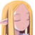 Pixelated static image of a character with long blonde hair and closed eyes, wearing a dark top with purple accents.