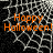 Animated Halloween-themed icon with orange text over a black spiderweb background, showing subtle web movement.