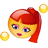 Pixelated character with red hair and yellow face, two golden orbs floating near the head, static background.
