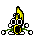 Pixelated yellow banana character with green limbs and white hands, displaying multiple facial expressions and arm positions against gray background.