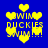 Blue background with yellow pixelated hearts and text reading "SWIM DUCKIES SWIM!" in multiple arrangements.