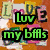 Pixelated image with green text 'Luv my bfFs' over a collage background, blue text 'peace out!' on heart-shaped floral pattern, and rainbow-colored lips.