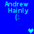 Blue background displays four identical text blocks with 'Andrew Hainly' and '(:' in light blue pixelated font, each block paired with a heart symbol that changes position across frames.