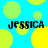 Blue background with yellow and light green circles; four instances of the name "JESSICA" in black pixelated text arranged in a