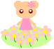 Pixelated cartoon bear in pink dress stands on green flower bed with pink flowers, head adorned by pink flower; three variations show different floating flower positions.