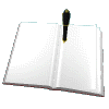 Six white open books with black pens on gray background, each book slightly rotated in sequence.