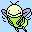 Pixel art contact sheet showing two frames of a bee-like character animation with motion effects on wings and body.