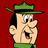 Pixelated cartoon character head with green hat and shirt against red background, mouth open in expression of surprise or excitement.