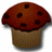Pixelated image of a chocolate muffin with dark spots on top, next to yellow text reading "I make Tasty Muffins!!=]" on a maroon background.