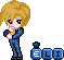 Pixel art character with blonde hair and green eyes in blue suit, standing beside blue blocks spelling 'ELI' with star on first block.