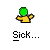 A pixelated figure with a green head and yellow body holds a slice of pizza in one hand while the other hand is raised, with text reading 'Sick...' below.