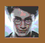 Pixelated image of a person with dark hair and glasses on left, brown background with blue text 'amigo harry potter' on right.