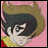 A 48x48 pixel buddy icon split into two sections: a pink background with an anime-style character on the left and black background with white text on the right.