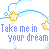 Pixelated animation of repeated text 'Take me in your dream' with yellow stars and blue cloud outlines on white background.