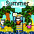 Pixelated summer-themed animation with four characters in beach settings, each labeled 'Summer' at the top.