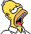 Pixelated Homer Simpson head and shoulders with open mouth, red tongue, blue drool, white shirt on gray background.