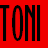 A contact sheet of six frames showing a static grid of colored squares with the text "TONI" in black pixelated font, arranged in 3 columns and 2 rows across red, green, yellow, purple, cyan, and gray backgrounds.
