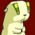 Pixelated static image of a light-colored cartoon character with green accents against a solid red background, viewed in profile from the side.