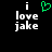Static pixel art displays 'i love jake' text with a green heart symbol above 'i' on black background.