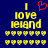 Pixelated yellow text 'I love Ireland' with red heart symbol above, two of pixel hearts below on dark blue background
