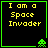 Four identical black square with green borders display yellow text 'I am a Space Invader' and a green pixelated alien icon in the bottom-right corner of each